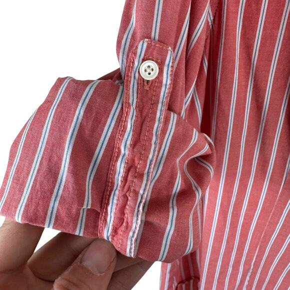 L.L. Bean Coral Blue White Cotton Collared Long Roll Tab Sleeve Button Down XL - Picture 4 of 6